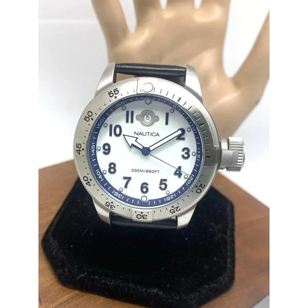 Nautica Men's Watch N14524 Quartz White Dial Date Black Leather Band 46mm